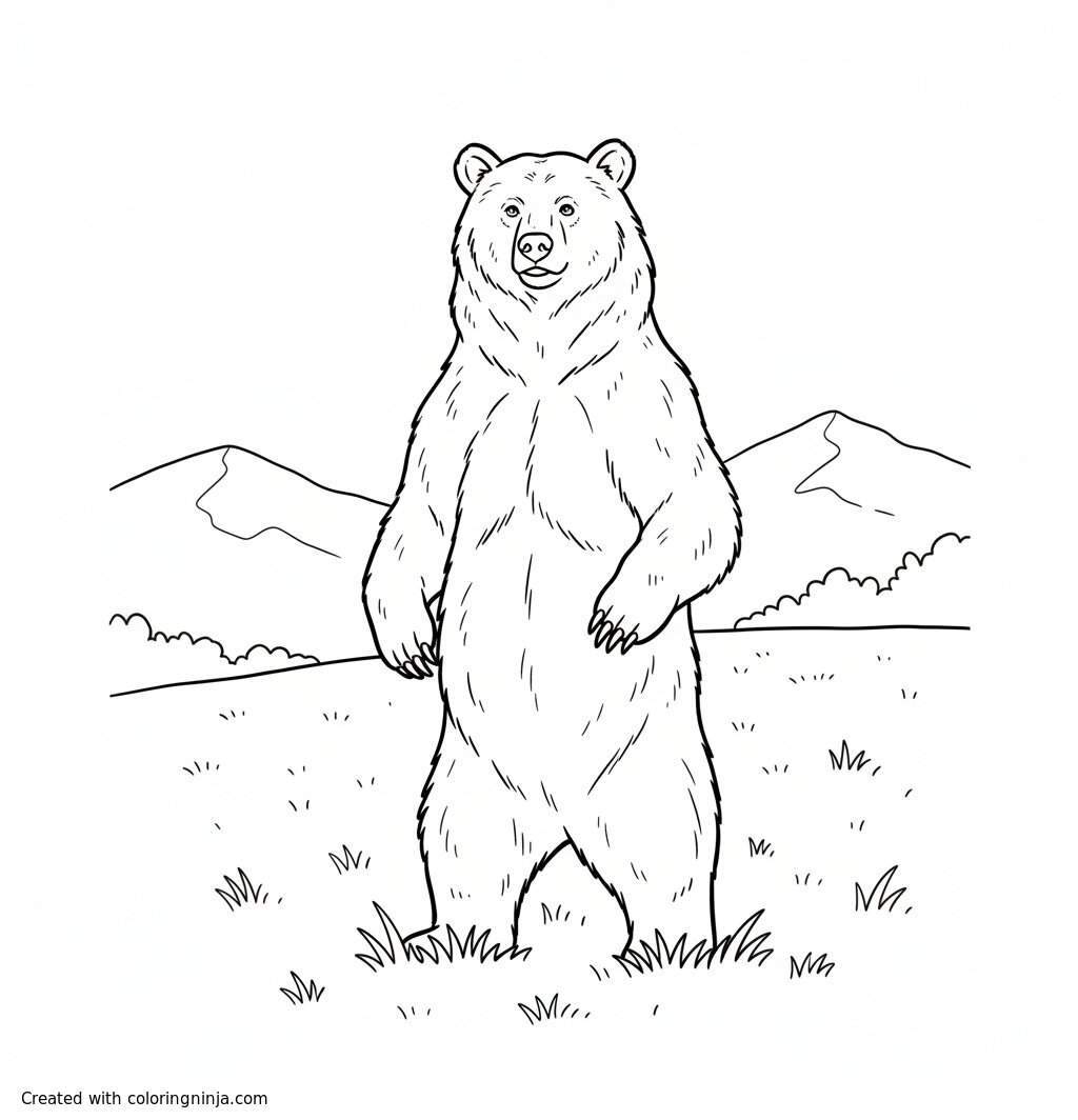 A coloring page of A brown bear standing in a field.