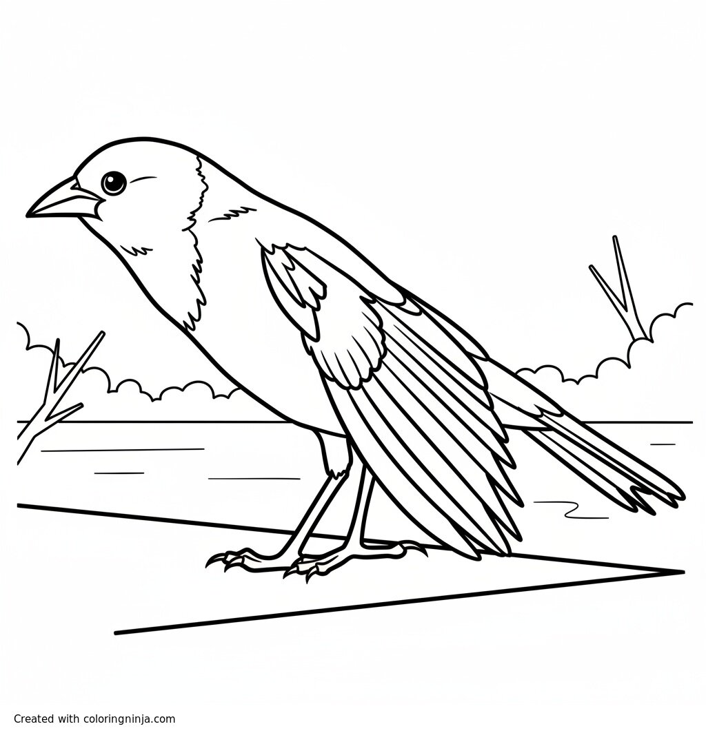 A coloring page of A black and yellow bird on a branch
