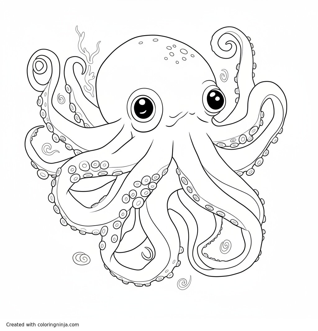 A coloring page of Colorful cartoon octopus with big eyes.