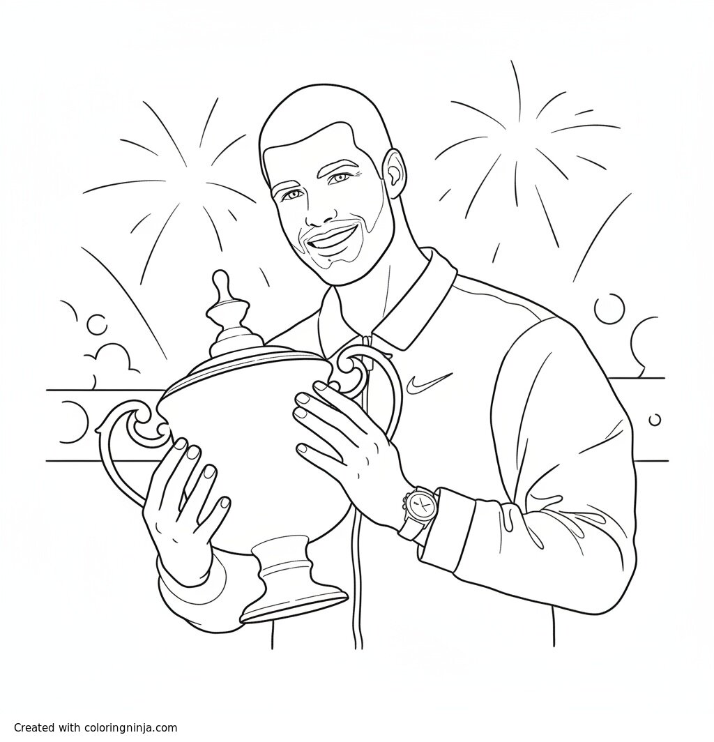 A coloring page of Carlos Alcaraz with US Open trophy coloring page