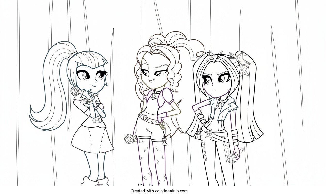 A coloring page of Coloring page of three cartoon girls with microphones