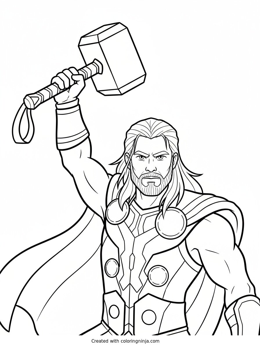 A coloring page of Thor with hammer and cape