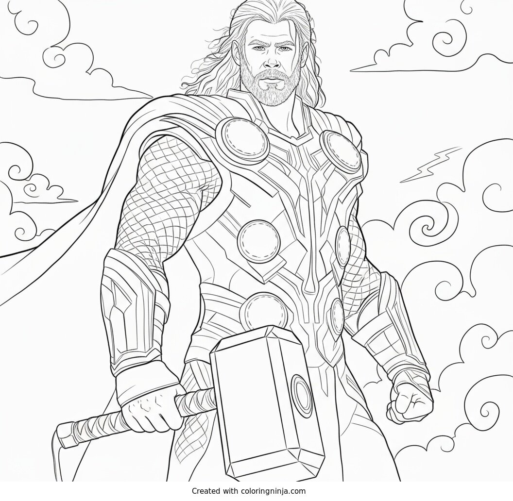 A coloring page of Thor with hammer and cape