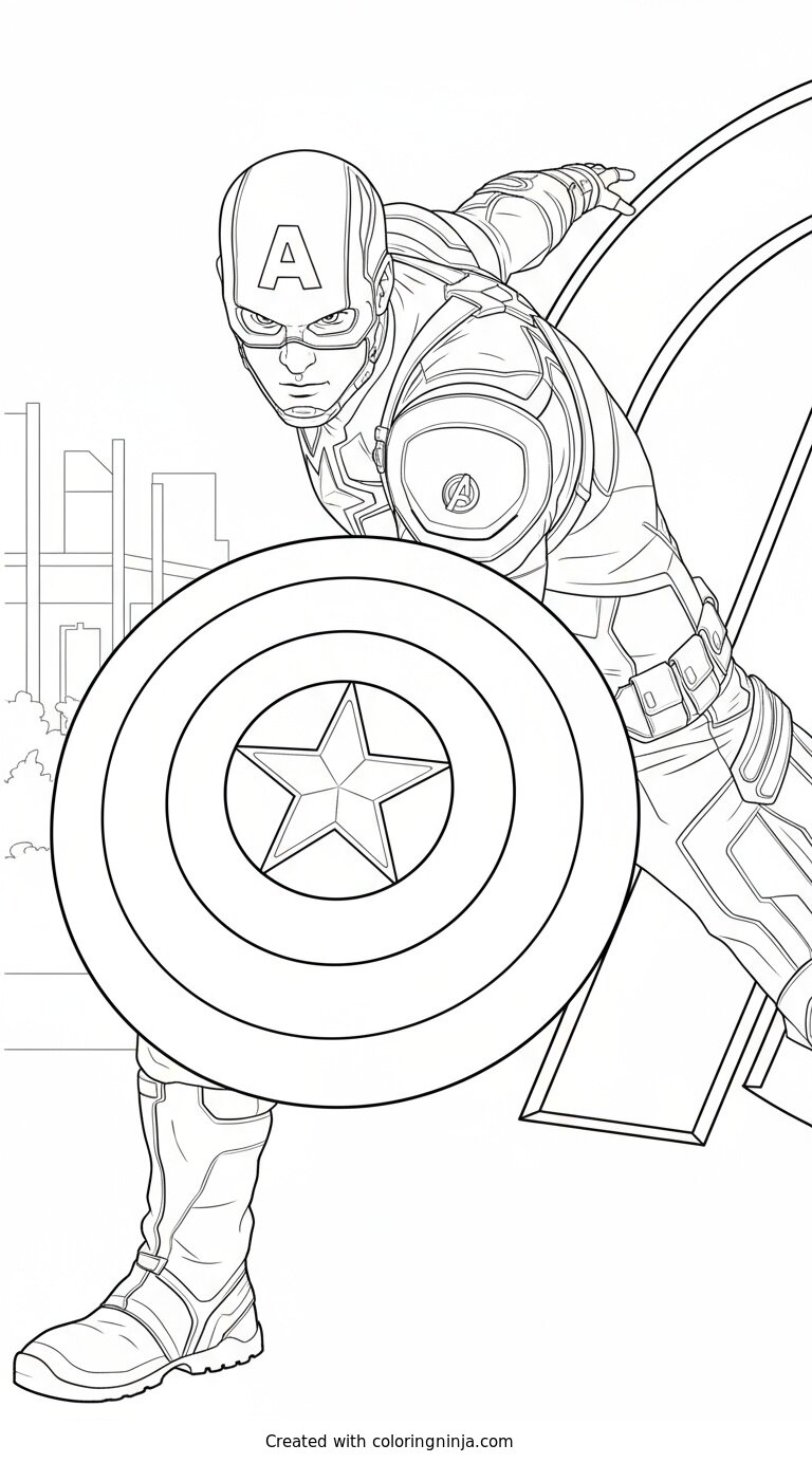 A coloring page of Captain America with shield