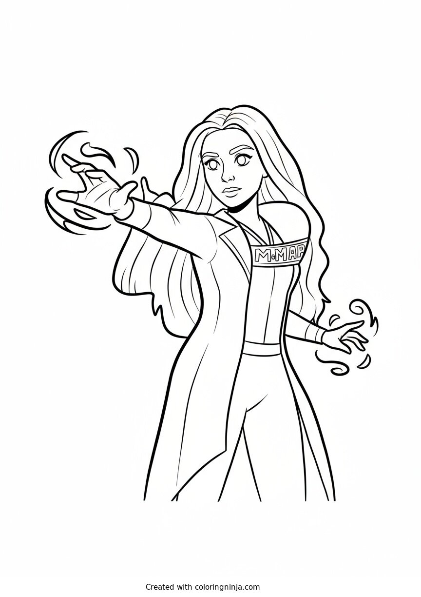 A coloring page of A woman in a red dress casting a spell
