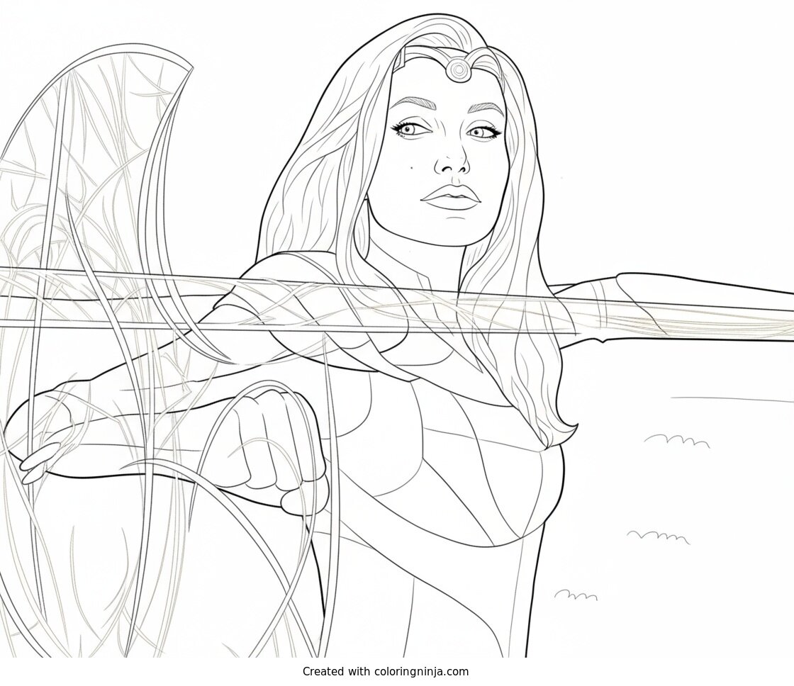 A coloring page of Golden bow and arrow with a woman