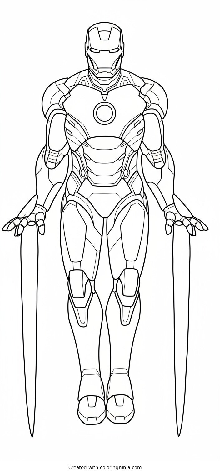 A coloring page of A man in a red and gold suit flies through the air