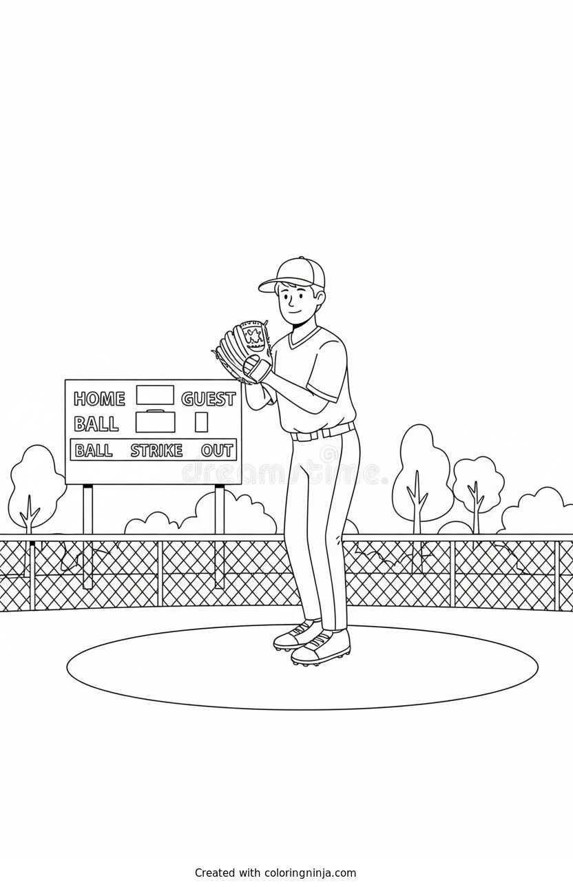 A coloring page of A young boy in a red and blue baseball uniform pitching a ball
