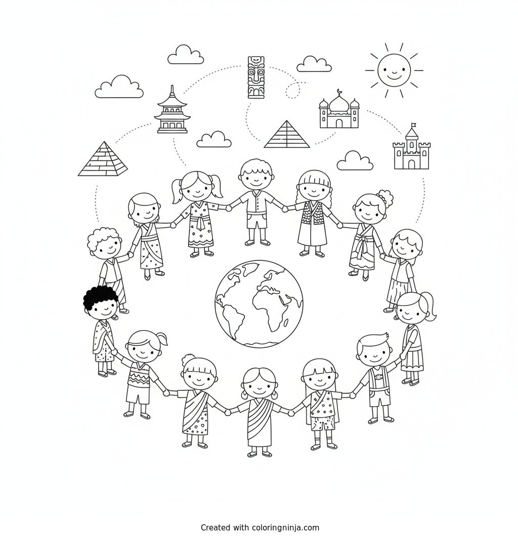 A coloring page of please create a 10 page coloring book for my multicultural, family centered event.