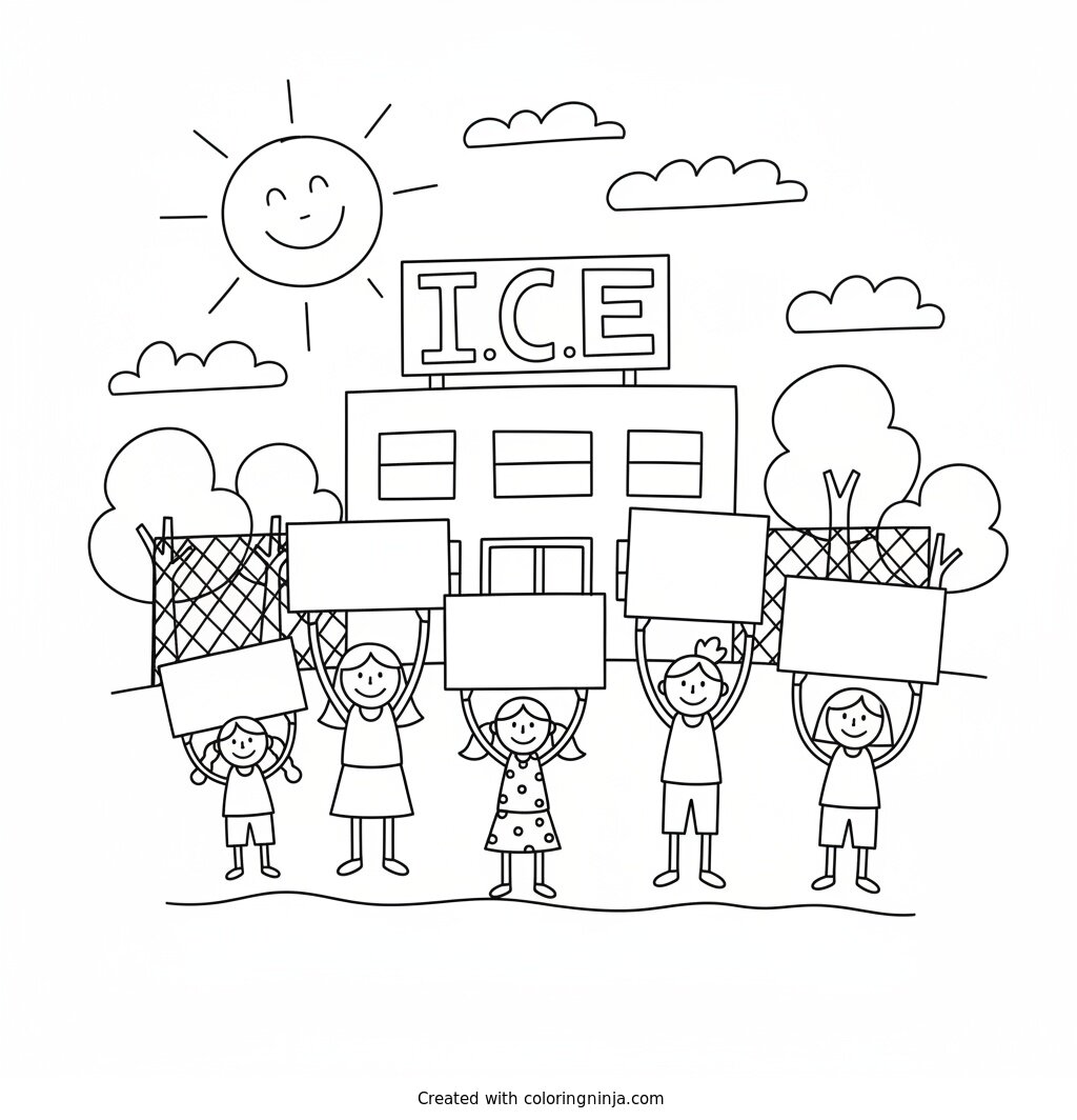 Coloring page of protest against I.C.E