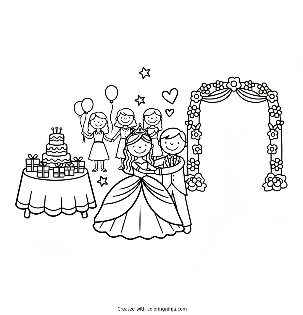 A coloring page of quinceanera party