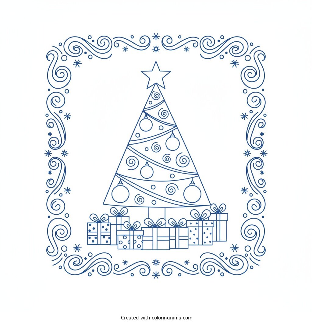 A coloring page of Ruth's First Christmas 1895 Blue Text Logo without any pictures of humans, without any pictures of animals, without any pictures of birds, and without any pictures of insects.