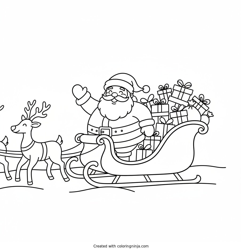 A coloring page of a santa claus in a sleigh full of presents
