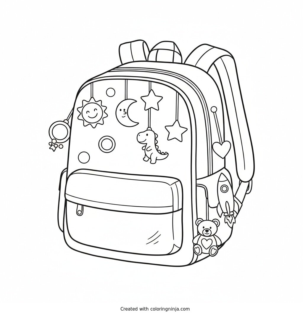 A coloring page of school backpack with hanging figures and ornaments