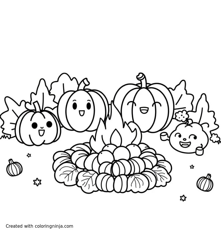 A coloring page of A family of pumpkins roasting marshmallows around a campfire. Designed with bold outlines, no shading, no color, soft gray details only if needed. Style should be clear and kid-friendly for easy coloring.