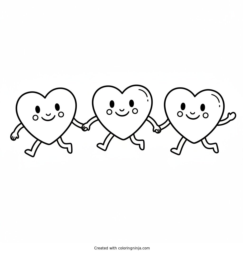 A coloring page of Smiling hearts holding hands