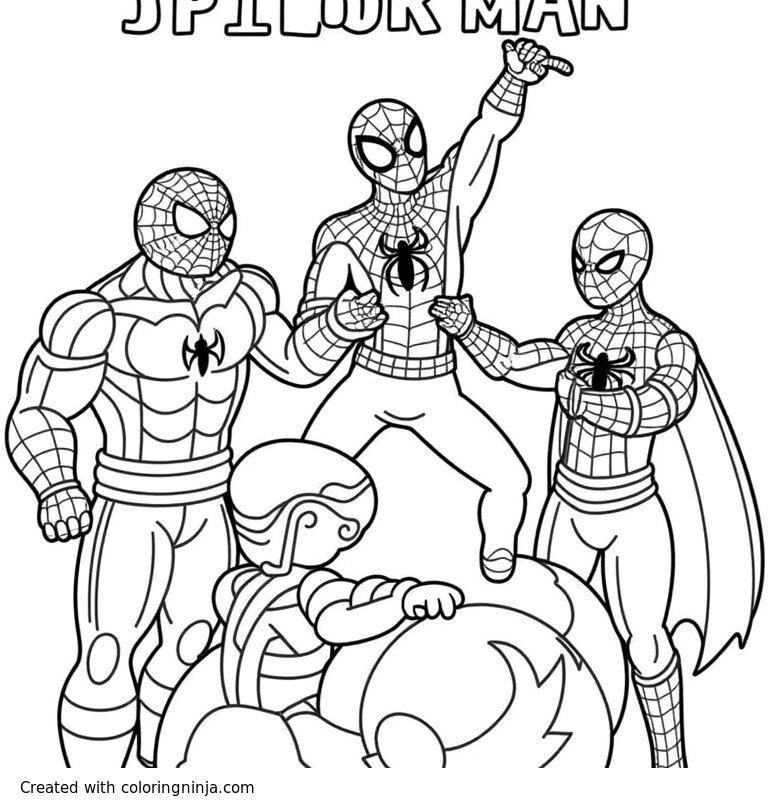 A coloring page of Spiderman fighting venom, Doctor Octopus and 
Electro
