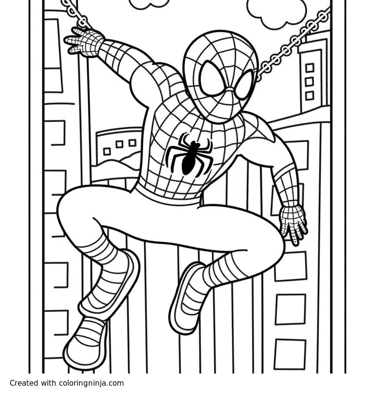 A coloring page of Spiderman swinging through the city 
