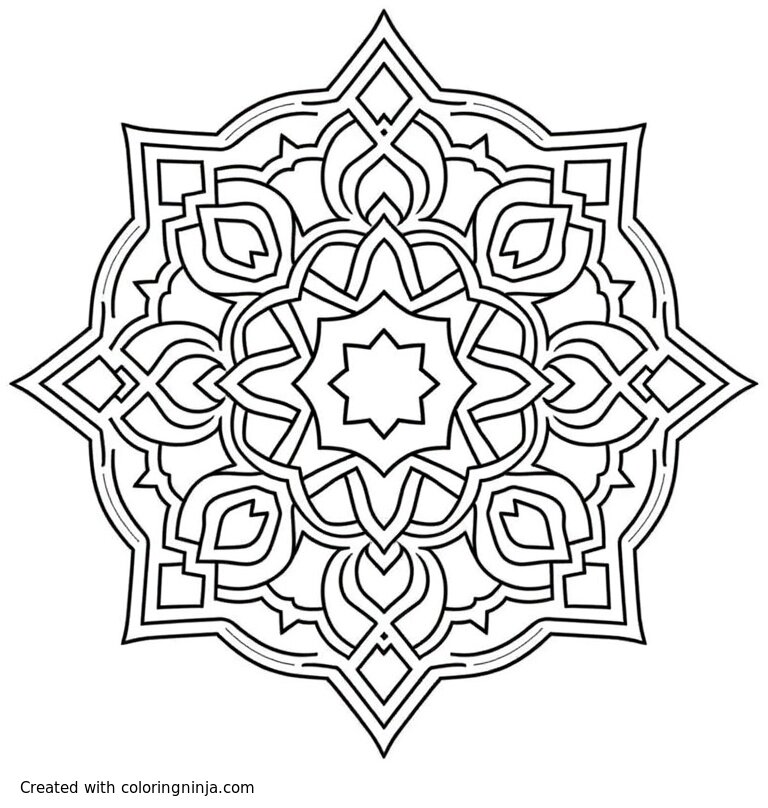 A coloring page of Symmetric Islamic geometric pattern of interlacing stars and polygons, clean line art, printable.