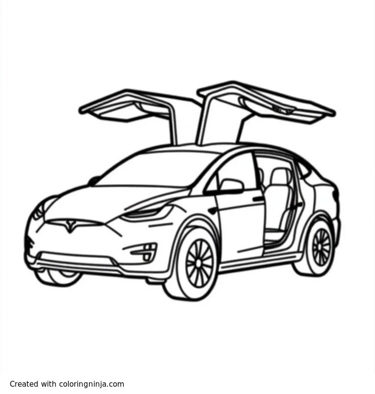 A coloring page of Tesla model X with x-wing doors opened