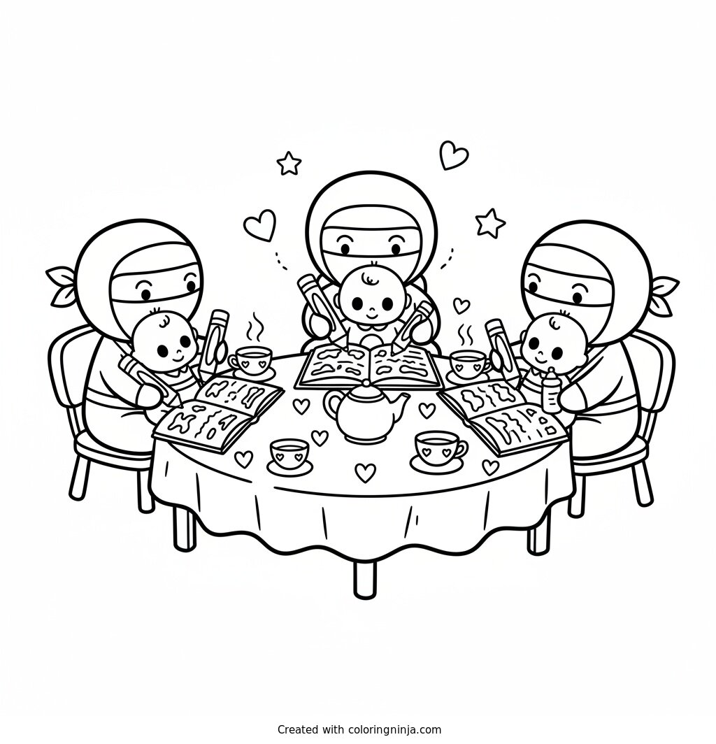 A coloring page of three ninjas at a tea party with baby dolls 