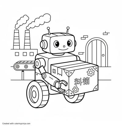 A coloring page of 一个机器人在工厂里搬运料箱