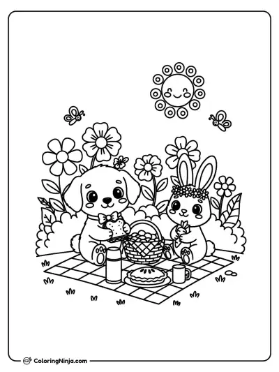Puppy and Bunny Garden Picnic Coloring Page