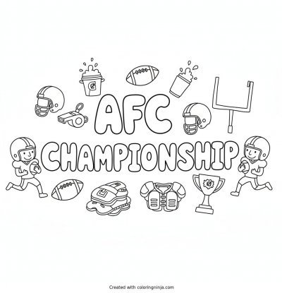 A coloring page of AFC Championship in big blocky letters with football things all around coloring page coloring page