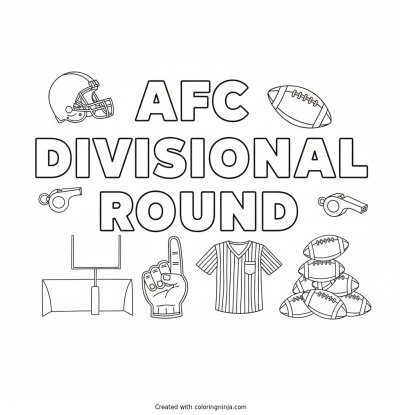 A coloring page of AFC Divisional Round in big blocky letters with football things all around coloring page