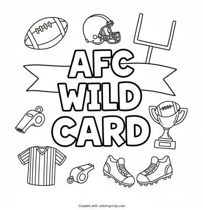 A coloring page of AFC Wild Card in big blocky letters with football things all around