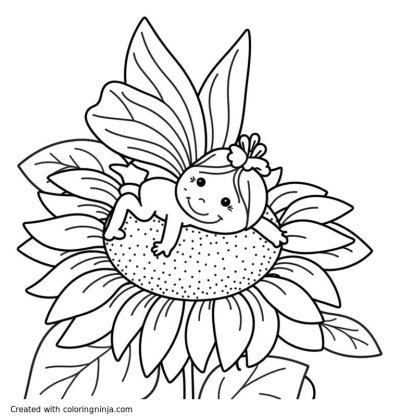 A coloring page of African american fairy lounging on a sunflower