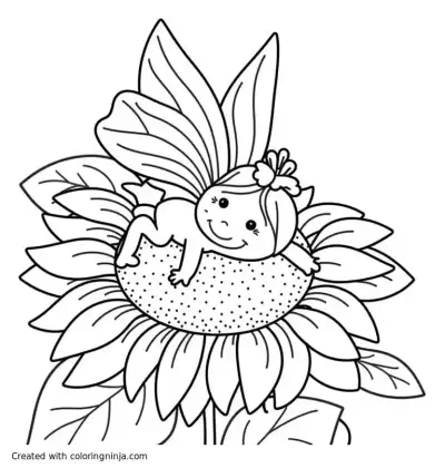 A coloring page of African american fairy lounging on a sunflower
