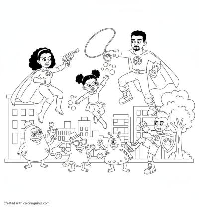 A coloring page of An African American family of four, dressed as superheroes. wearing gloves and boots. They are fighting silly alien villains, on a street