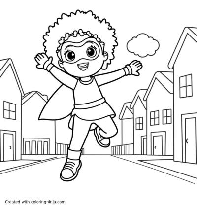 A coloring page of An African American girl child, dressed as a superhero. wearing gloves and boots. She is flying Houses on a street.