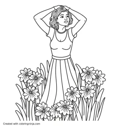 A coloring page of african anerican woman with her head held high in a field full of flowers
