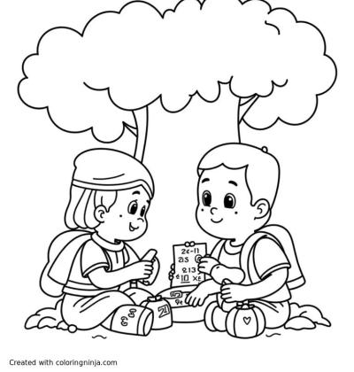 A coloring page of African boy and girl sittting under the tree and doing mathematics