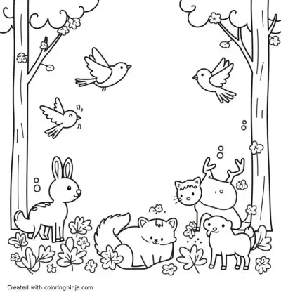 A coloring page of Animals in the forest and in the air, birds, bunnies, deer, and foxes playing around