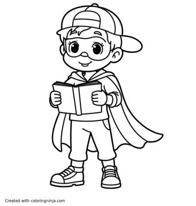 A coloring page of A anime syle 11year old boy super hero wearing back wards hat and jumpsuit reading IL