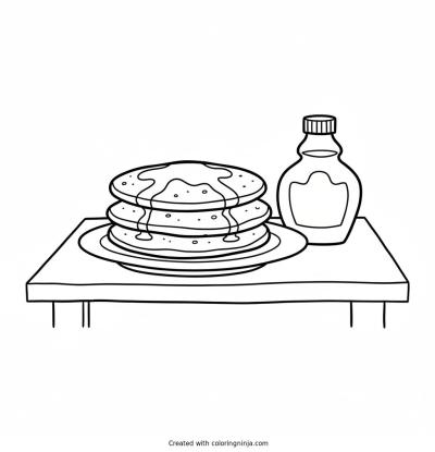 A coloring page of as plate of pancakes on a table with a bottle of maple syrup