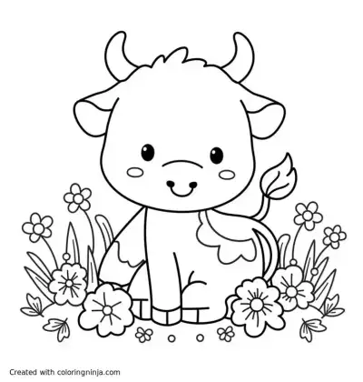 A coloring page of Baby cow in a flower meadow
