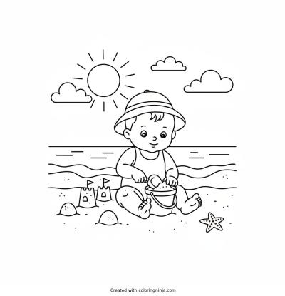A coloring page of baby playing in the beach with the sand