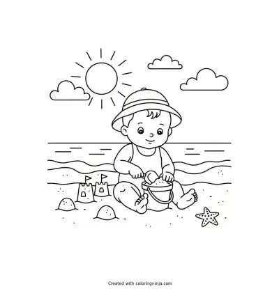 A coloring page of baby playing in the beach with the sand