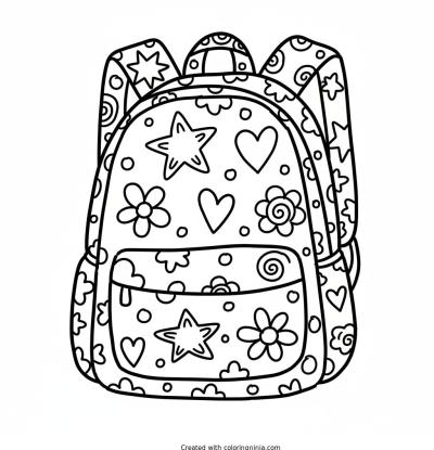 A coloring page of backpack with many ornaments