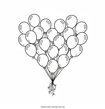 A coloring page of balloons in heart shape