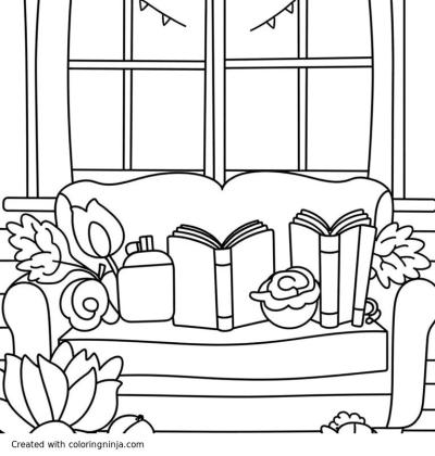 A coloring page of Beautiful reading nook
