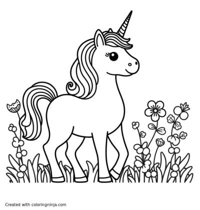A coloring page of a beautiful unicorn with a flowing mane and tail in a magical meadow with flowers