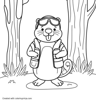 A coloring page of beaver in the forest wearing safety equipment

