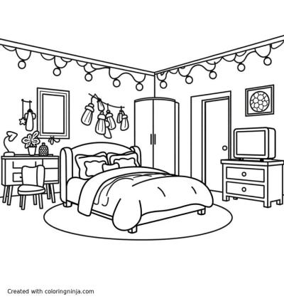 A coloring page of a bedroom with a big bed, a dresser and closet, a bathroom, a vanity, fairy lights, a mini fridge, a tv, and cute little decorations