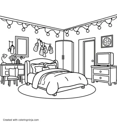 A coloring page of a bedroom with a big bed, a dresser and closet, a bathroom, a vanity, fairy lights, a mini fridge, a tv, and cute little decorations