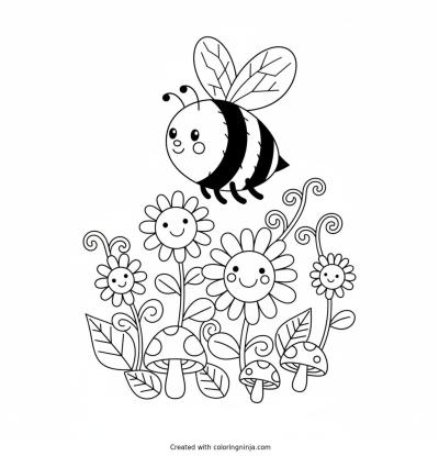 A coloring page of a bee playing in a beautiful garden